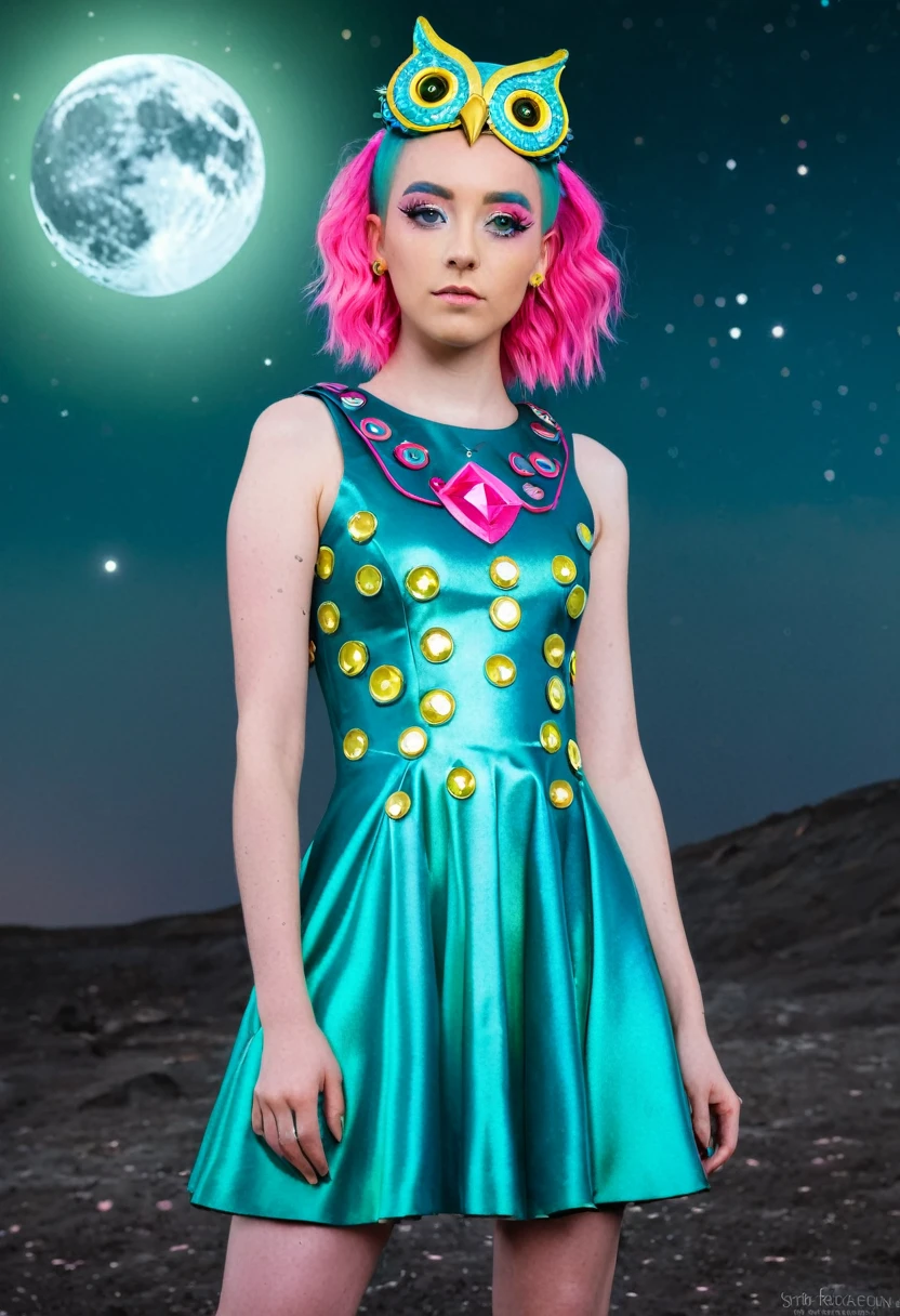 ((Surrounded by the Moon beams)) in side a Crater ((Eyes closed)) wearing an armour dress with galaxies on the surface ((holding a pink owl with green eyes. Yellow short beak. ((Is a girl with long teal mix blue hair and pink oyster diamond covered hairclips in her hair))(( full body))