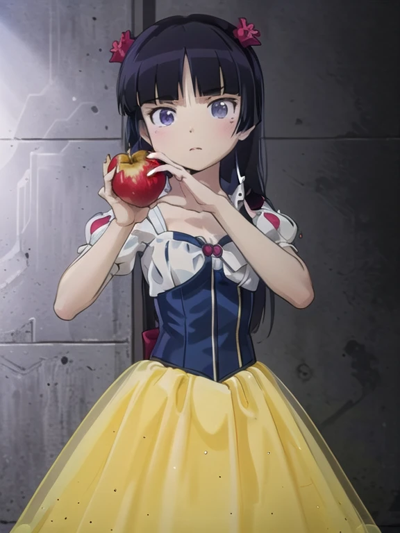 ((masterpiece, highest quality, Very detailed)), (ruri gokou), Hime cut, Long Hair, Blunt bangs, Black Hair,Dramatic lighting, (Grab a poisonous green poison apple), detailed dress, snow white, (red bow), yellow skirt, tight blue corset, yellow dress, field、plant