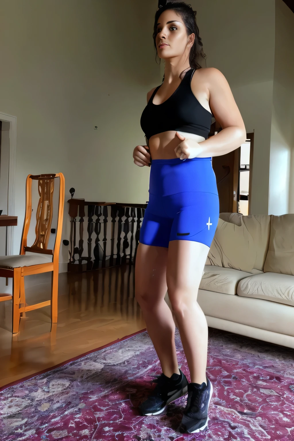 There is a beautiful light brunette woman, tanned, dark brown hair, wearing blue shorts and a black tank top, black sports bra, standing in a room, working out, front view, side view of her taking steps, adjusted photo, leg and hip photo, full body photo, side photo, front view, general photo from the front wearing black tank top and tight blue shorts, working out, in good physical shape, focus on thighs, average woman, toned legs. Woman with white skin, tanned, around 40 years old and dark hair, measuring 164 cm tall and weighing around 55 kg, highly realistic, very elaborate skin, full body photo, clear photo, high quality, high resolution, artwork masterpiece, (photographically realistic), high contrast, masterpiece 16K:1.3, high resolution, (photographically realistic), NUDE, NUDITY, NFSW.