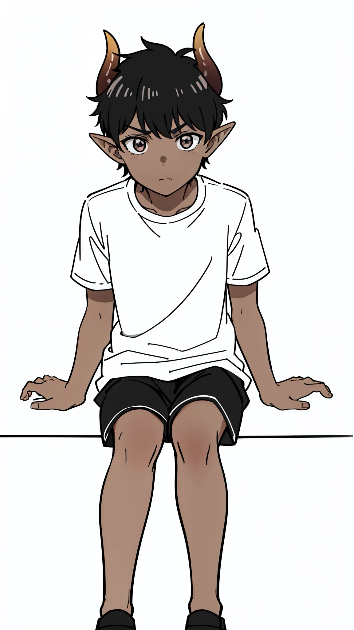(1boy,8 years old,solo),((dark skin)),((white shirt,short sleeves,black shorts)),Short hair,black hair,elf ears,(horns),(white background,line drawing),sitting,scared, fear expression,