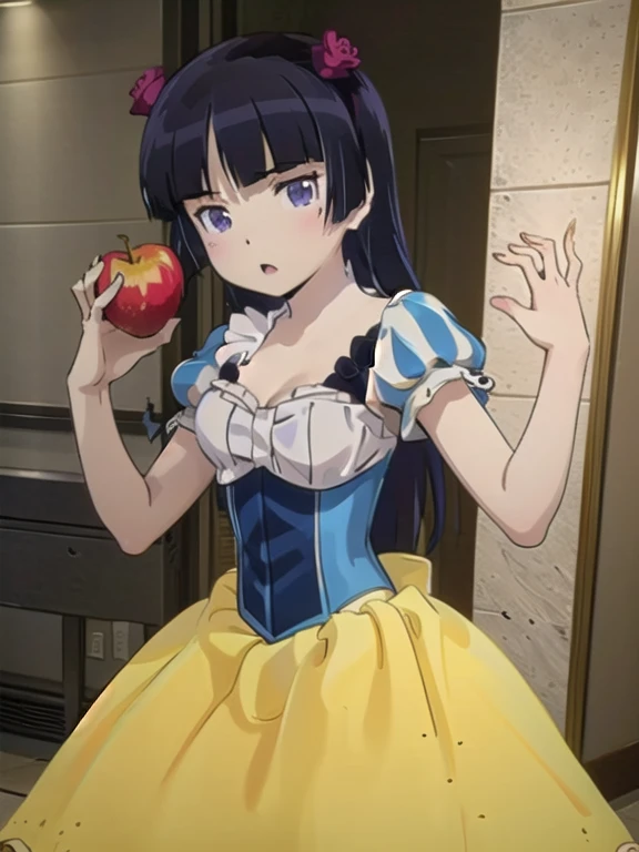 ((masterpiece, highest quality, Very detailed)), (ruri gokou), Hime cut, Long Hair, Blunt bangs, Black Hair,Dramatic lighting, (Grab a poisonous green poison apple), detailed dress, snow white, (red bow), yellow skirt, tight blue corset, yellow dress, field、plant