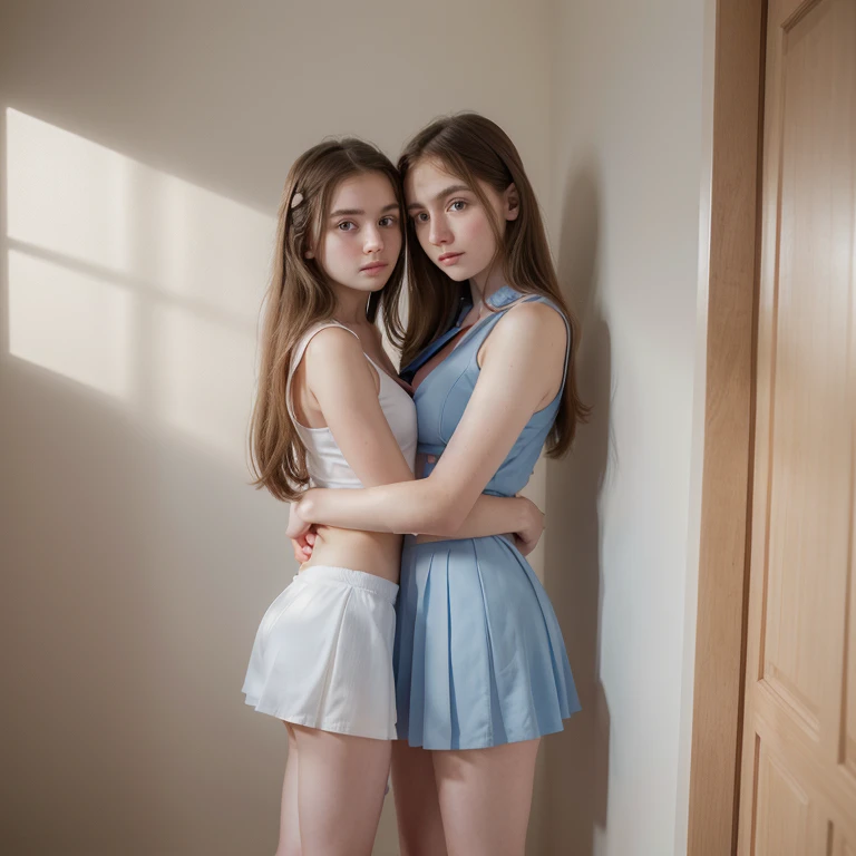 (best quality,hyper-realistic,ultra-detailed,8k), two girls, teenager, , pale skin, perfect body, full body picture, long neckties, hugging, cute, round face, very young face, big blue eyes, small nose, delicate, feminine, elegant, breasts, miniskirt