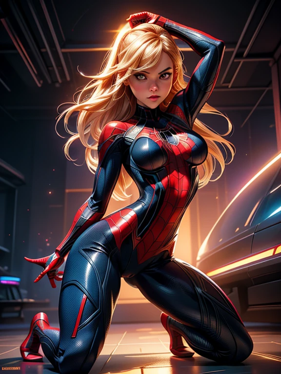 Realistic image of {Spider-Man 2099 grabbing Gwen Stacy by the waist with force, pulling her hair Action {having sex}, {Neon lighting))}, smooth and smooth skin, Symmetrical face, full body, big ass, symmetry and full mouth sensualizing, human ideal, 85 mm lens, f8, photography, ultra details, Natural light, backlighting, photo, studio lighting