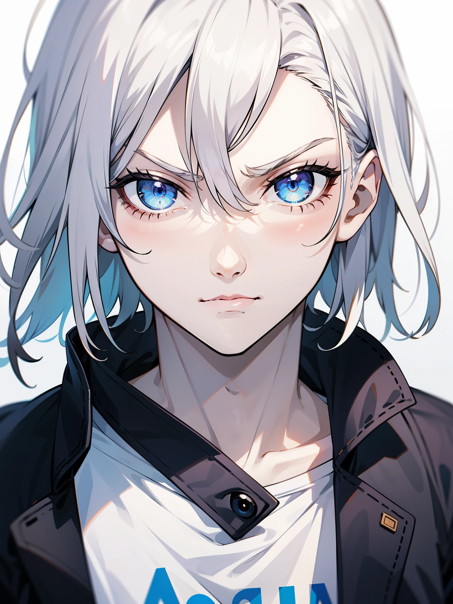Boy, silver hair, blue eyes, serious sharp features, white skin, handsome, t-shirt, jacket