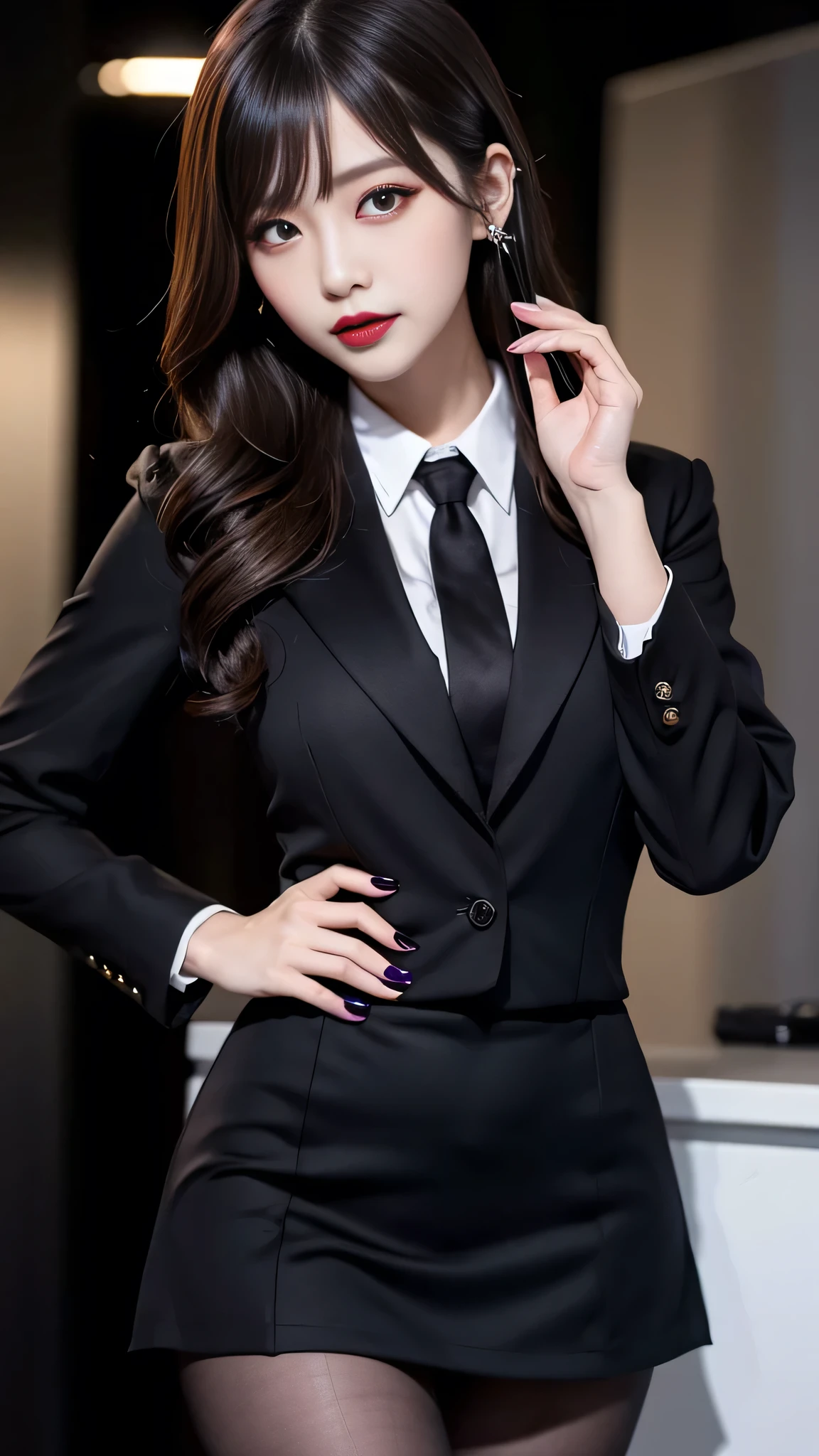 best quality、ultra-detailed、4k、Japanese、Seductive beauty、seductive adult woman、Pretty Woman、cool girl、Villainess、Brainwashed、brainwash、Fallen into evil、smirk、Evil look、Wicked Smile、evil、Brown hair、wavy hair、swept bangs、dark makeup、dark makeup、piercing eyes、hollow eyes,half-closed eyes、Hollow Eyes、purple Eyeshadow、black lipstick、black lipglos、office staff suit、suit、Jacket、White Shirt、Black Ribbon、Tight Skirt、pantyhose、night、inside darkroom、Are standing、Have lipstick、Emblem of Evil、Crest of Darkness、Swear allegiance、I have pledged my allegiance、Dye black、Blackening、Stained with evil、Dyed in darkness、Seduce