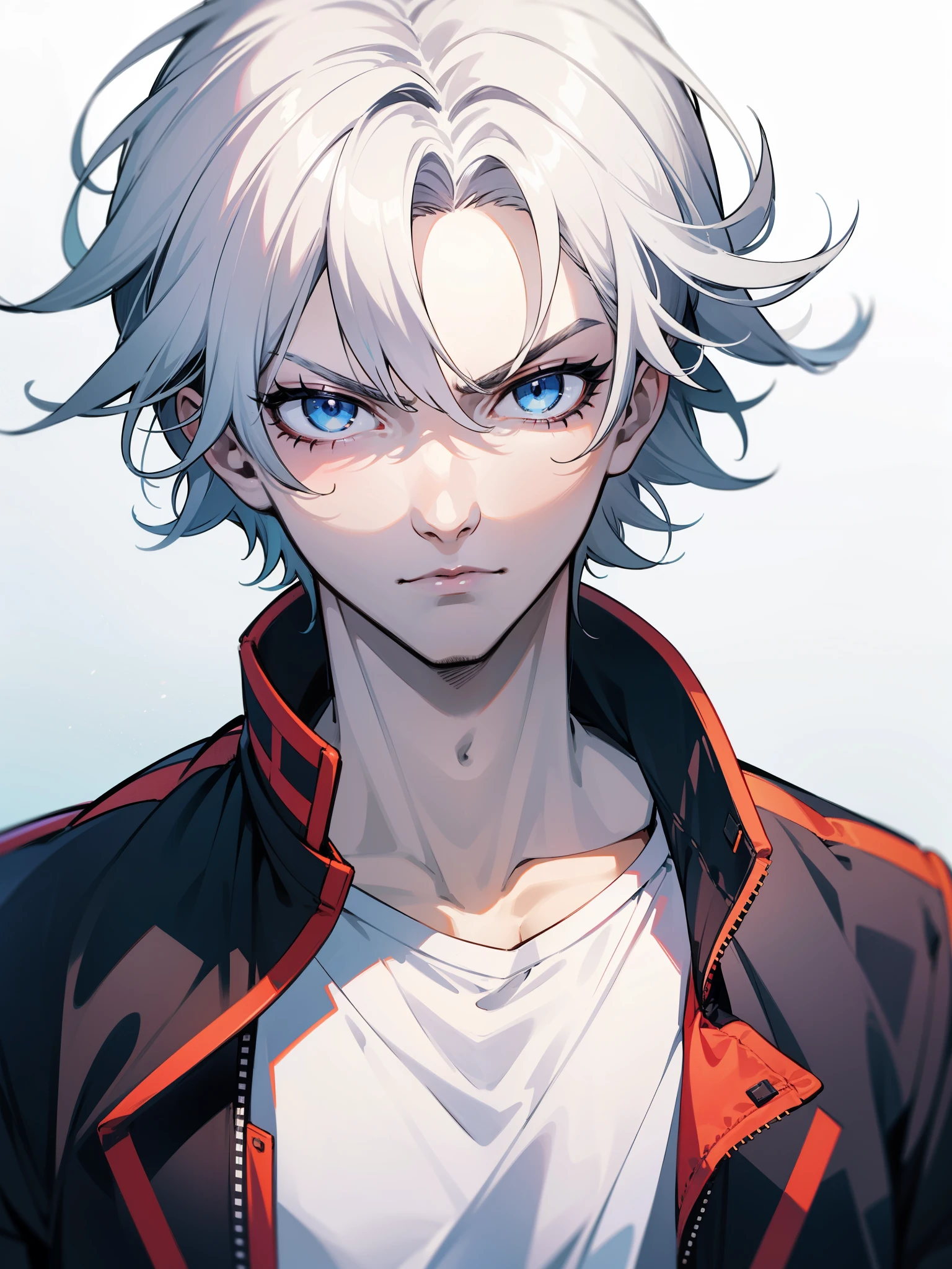 Boy, silver hair, blue eyes, serious sharp features, white skin, handsome, t-shirt, jacket