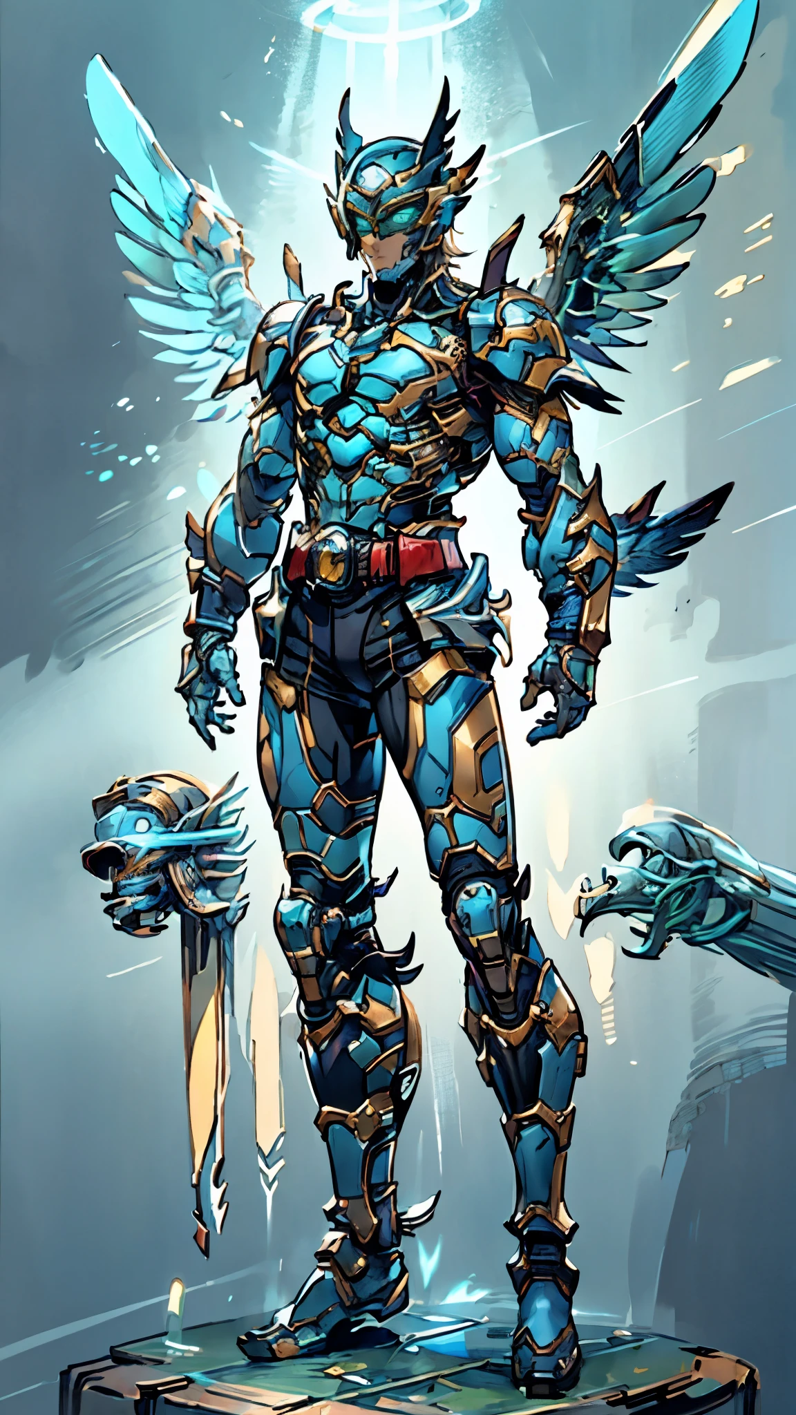 A man wearing a full-face helmet, a fantasy-style biotech armored combat suit, green eyes, (a composite layered chest armor), fully enclosed shoulder guards, matching arm and leg guards, the belt is adorned with Falcon Wing, (the color scheme is primarily white with red and blue accents), the design balances heavy with agility, a high-tech bio-mecha armor, (Armor Concept Inspired by Falcon, stand on the top of a skyscraper in a futuristic sci-fi city), this character embodies a finely crafted fantasy-surreal style armored hero in anime style, exquisite and mature manga art style, (battle damage, element, plasma, energy, the armor glows), ((male:1.5)), metallic, real texture material, dramatic, high definition, best quality, highres, ultra-detailed, ultra-fine painting, extremely delicate, professional, perfect body proportions, golden ratio, anatomically correct, symmetrical face, extremely detailed eyes and face, high quality eyes, creativity, RAW photo, UHD, 32k, Natural light, cinematic lighting, masterpiece-anatomy-perfect, masterpiece:1.5
