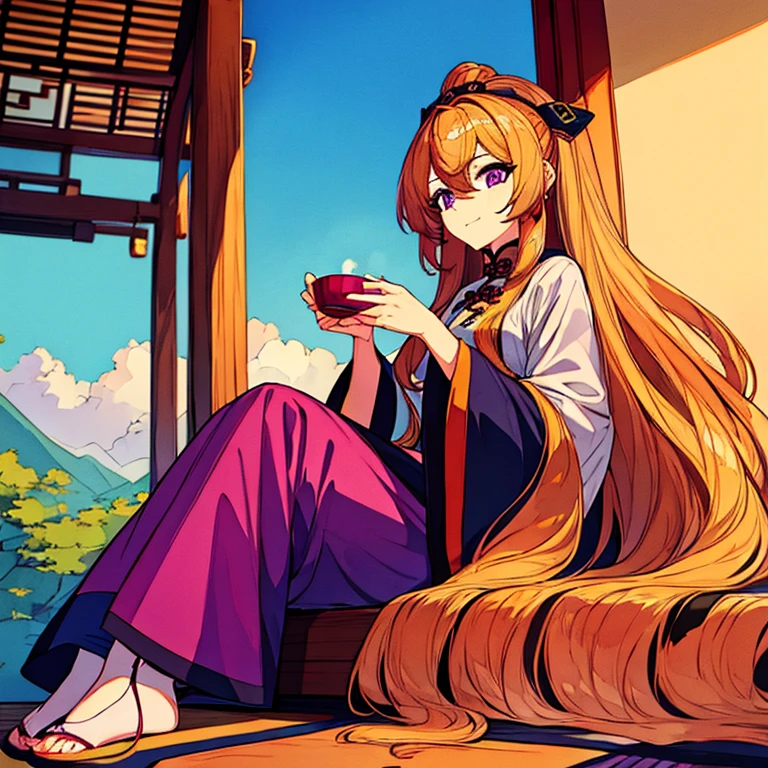 A girl with feet long golden wavy hair and purple eyes. Sitting on the ground sipping tea. Chinese era.