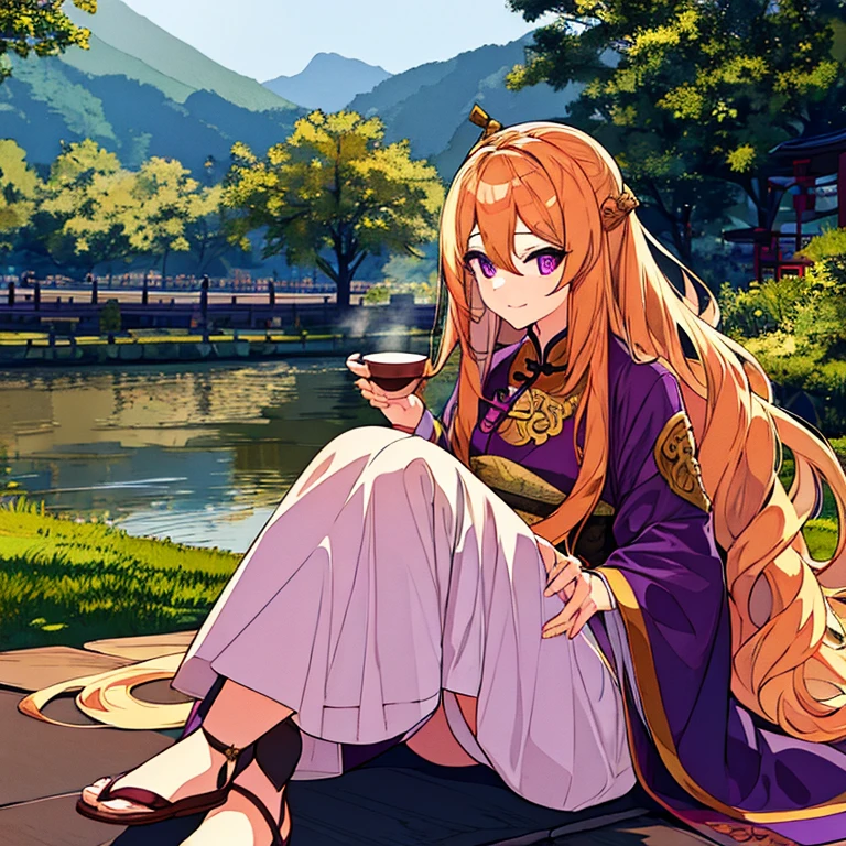 A girl with feet long golden wavy hair and purple eyes. Sitting on the ground sipping tea. Chinese era.