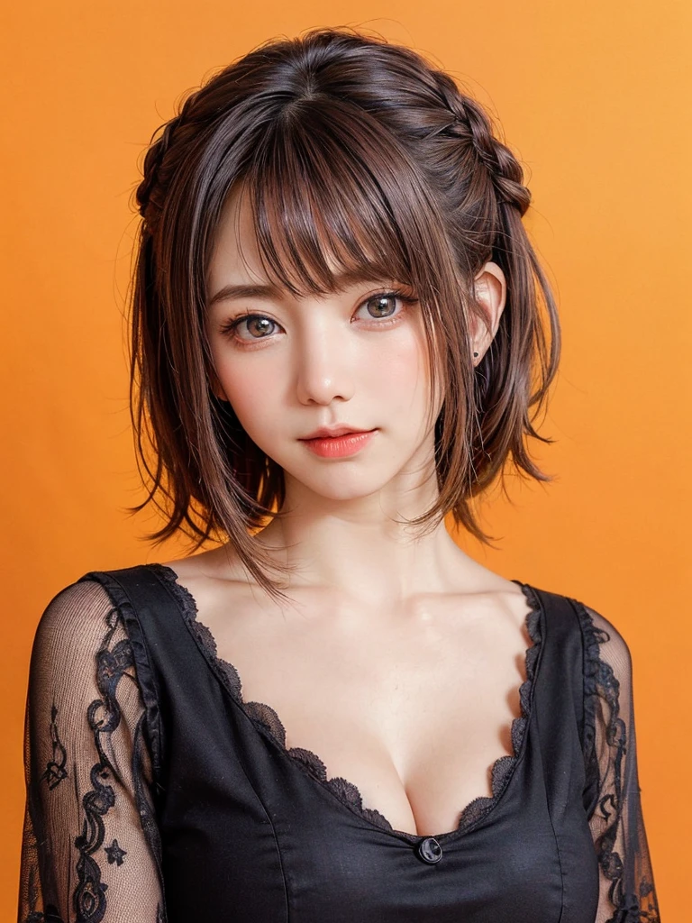 (masterpiece, highest quality, sfw:1.8),1 girl, alone, realistic, realistic, light colored black eyes, black twin braids hair with highly detailed shiny hair, Winter clothes, Whity, lips, bangs, outdoor, closed mouth, Upper body、Big eyes、eyelash、((very simple orange background:1.8))、(((Black French Braid, Big eyes、big and full chest、avoiding eye contact 、beautiful beauty、show me your ears、long neck、low hairline、small forehead)))、ideal body proportions、{Huge|big|Huge|mega} chest, cleavage:2, Blushing, Shy smile, Embarrassed, Flushed cheeks, Timid expression, Coy look, Bashful, Sheepish grin
