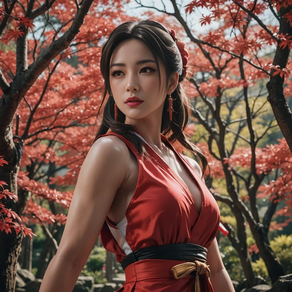 Mai shiranui, (best quality,ultra-detailed),(Realistic:1.37), beautiful and detailed face, Ultra-realistic texture, delicate face, delicate body, red lipstick, vivid colors. High definition, 8K. athletic body