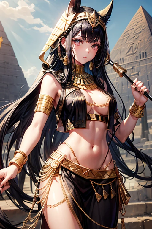 egyptian war, 20 year old woman, short messy black hair, silver ornaments, black eyes, white and purple egyptian war clothing, dark gold vest with silver snake print, gold belt, dark gold pants, gold egyptian symbol pendant with rose quartz gems, gold rings on both hands, slim build, with a spear in his hands background of an Egyptian pyramid, pyramid,