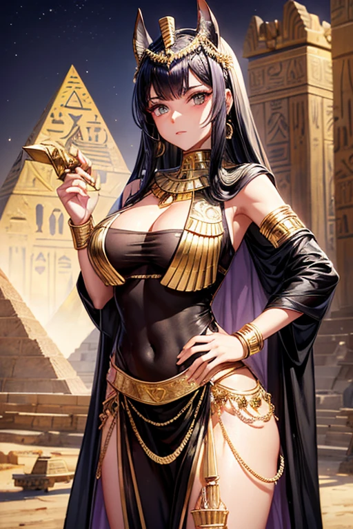 egyptian war, 20 year old woman, short messy black hair, silver ornaments, black eyes, white and purple egyptian war clothing, dark gold vest with silver snake print, gold belt, dark gold pants, gold egyptian symbol pendant with rose quartz gems, gold rings on both hands, slim build, with a spear in his hands background of an Egyptian pyramid, pyramid,