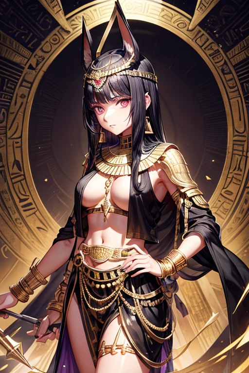 egyptian war, 20 year old woman, short messy black hair, silver ornaments, black eyes, white and purple egyptian war clothing, dark gold vest with silver snake print, gold belt, dark gold pants, gold egyptian symbol pendant with rose quartz gems, gold rings on both hands, slim build, with a spear in his hands background of an Egyptian pyramid, pyramid,