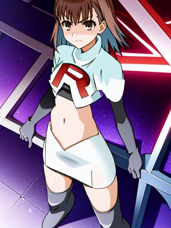 masterpiece, highest quality, M Shizuka V4, One girl, alone, hair ornaments, belly button, Medium chest, Are standing, Hair Clip, Team Rocket, Team Rocket uniform, Red letter R, White Skirt, White crop top, Black thigh-high boots, Black elbow gloves,((Short Hair))、(((Misaka Mikoto)))