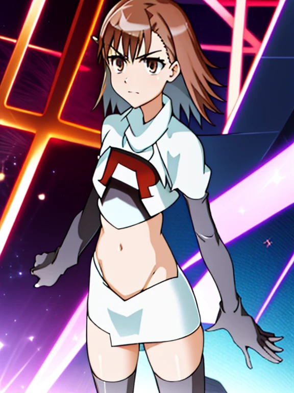 masterpiece, highest quality, M Shizuka V4, One girl, alone, hair ornaments, belly button, Medium chest, Are standing, Hair Clip, Team Rocket, Team Rocket uniform, Red letter R, White Skirt, White crop top, Black thigh-high boots, Black elbow gloves,((Short Hair))、(((Misaka Mikoto)))