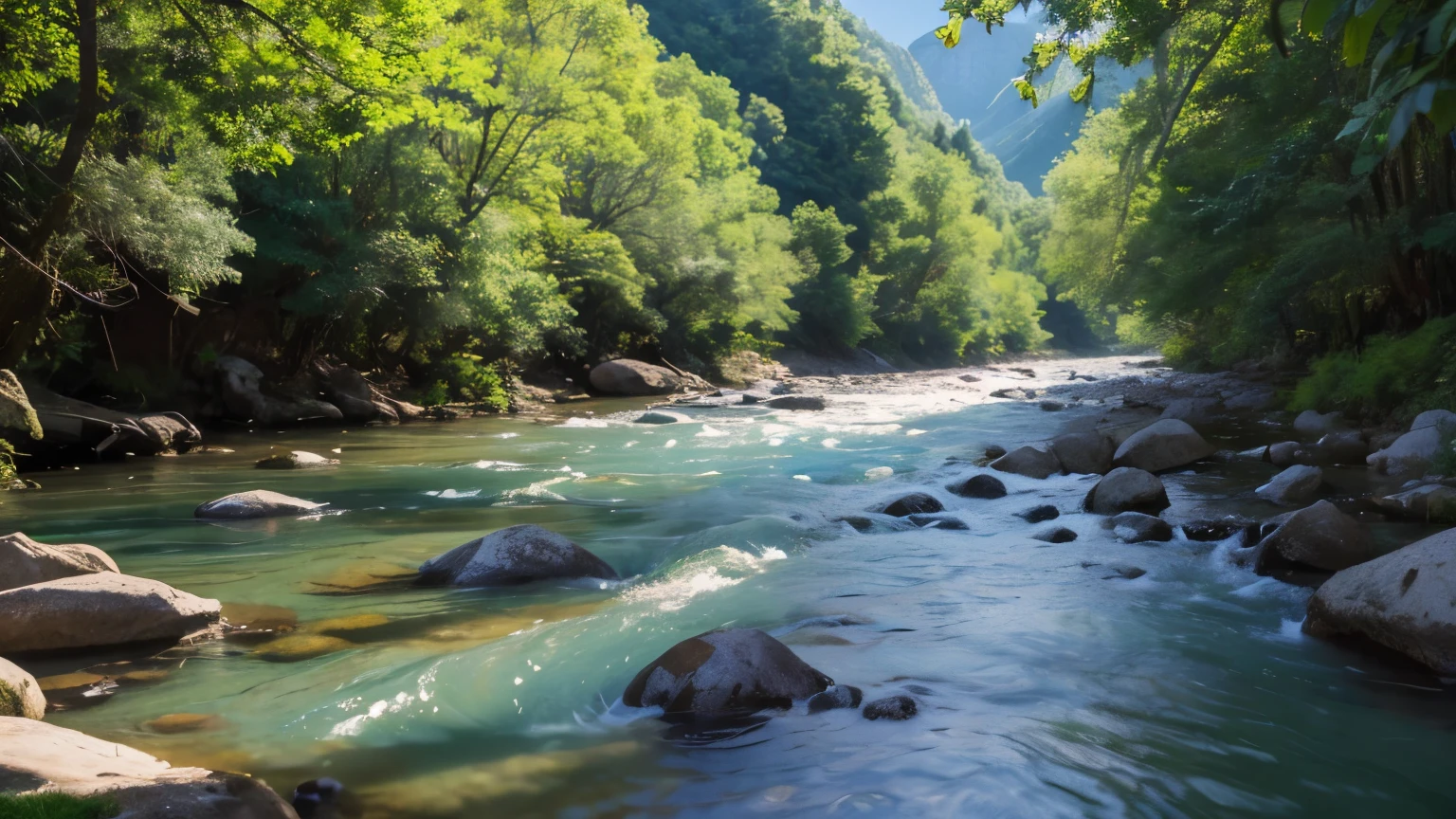 A tranquil mountain river, gently flowing through the peaceful valley, with the sound of birds chirping and leaves rustling in the breeze.