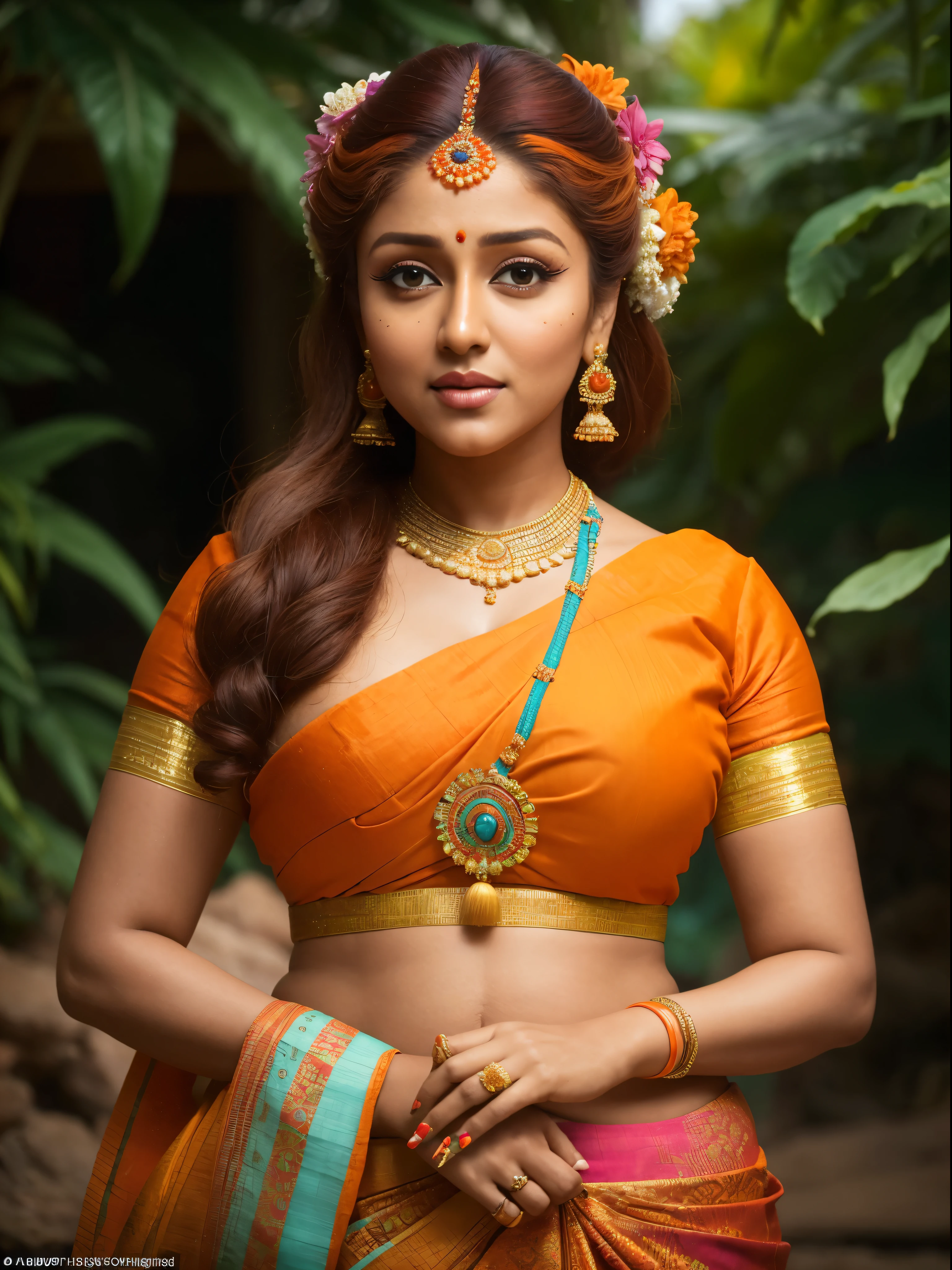 Looks like Nayanthara, thick curvy figure, a close up of a woman in a colorful dress with a flower in her hair, extremely gorgeous woman, matchless beauty, queen, very beautiful enga style, with colourful intricate, candid shot, traditional beauty, candid picture, orange details, wearing intricate, candid portrait photo, with kerala motifs, wearing an elegant tribal outfit, orange and turquoise, orange and teal color, * colour splash *, traditional, stunning visual,