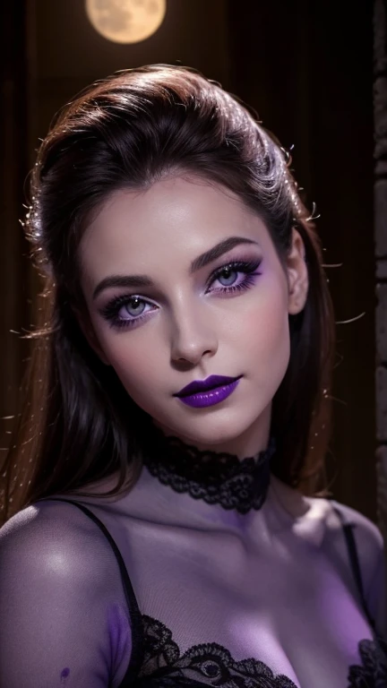 Jeune femme de 25 ans, visage fin, cheveux long, yeux marrons, HD, 8K, masterpiece, sourire romantique, sexy, mascara noir, maquillage noir, black lips, tenue gothique, vêtements noirs et violets, toile d'araignée en dentelle, cheveux noirs et violets, dans un manoir, bodypainting, purple paint, dracula, orage, moon light