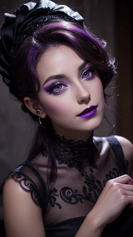 Jeune femme de 25 ans, visage fin, cheveux long, yeux marrons, HD, 8K, masterpiece, sourire romantique, sexy, mascara noir, maquillage noir, black lips, tenue gothique, vêtements noirs et violets, toile d'araignée en dentelle, cheveux noirs et violets, dans un manoir, bodypainting, purple paint, dracula, orage, moon light