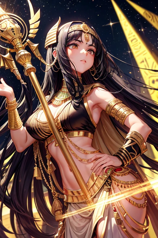egyptian war, 20 year old woman, short messy black hair, silver ornaments, black eyes, white and purple egyptian war clothing, dark gold vest with silver snake print, gold belt, dark gold pants, gold egyptian symbol pendant with rose quartz gems, gold rings on both hands, slim build, with a spear in his hands background of an Egyptian pyramid, pyramid,