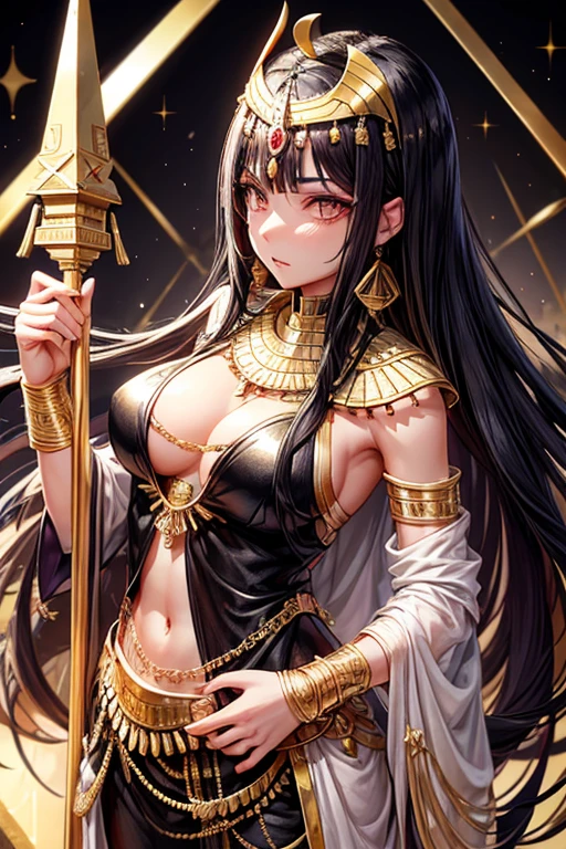 egyptian war, 20 year old woman, short messy black hair, silver ornaments, black eyes, white and purple egyptian war clothing, dark gold vest with silver snake print, gold belt, dark gold pants, gold egyptian symbol pendant with rose quartz gems, gold rings on both hands, slim build, with a spear in his hands background of an Egyptian pyramid, pyramid,