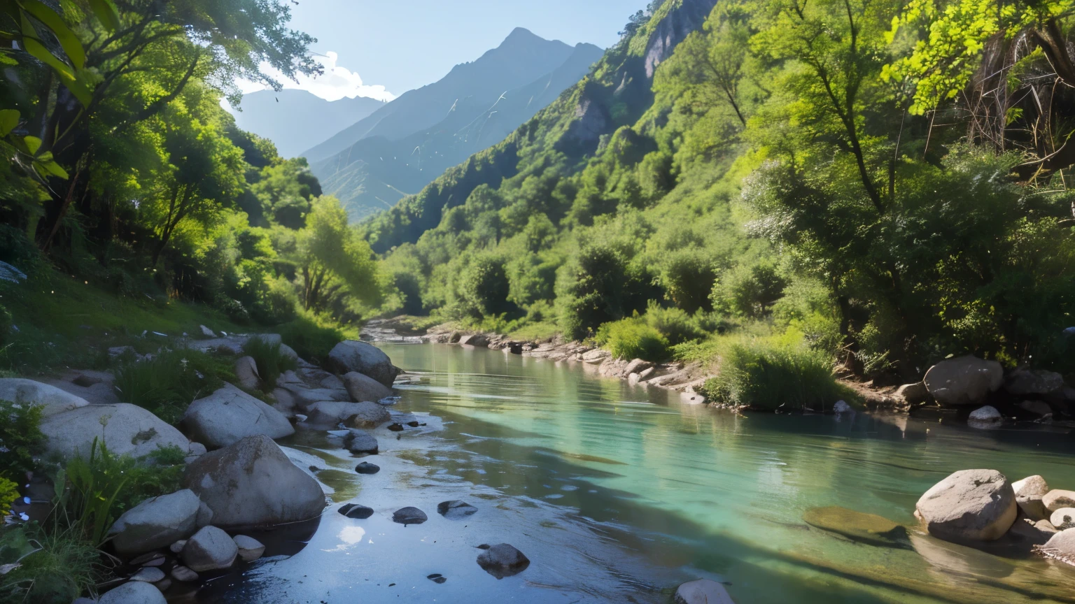 A tranquil mountain river, gently flowing through the peaceful valley, with the sound of birds chirping and leaves rustling in the breeze.