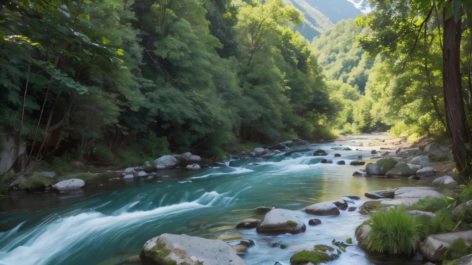 A tranquil mountain river, gently flowing through the peaceful valley, with the sound of birds chirping and leaves rustling in the breeze.
