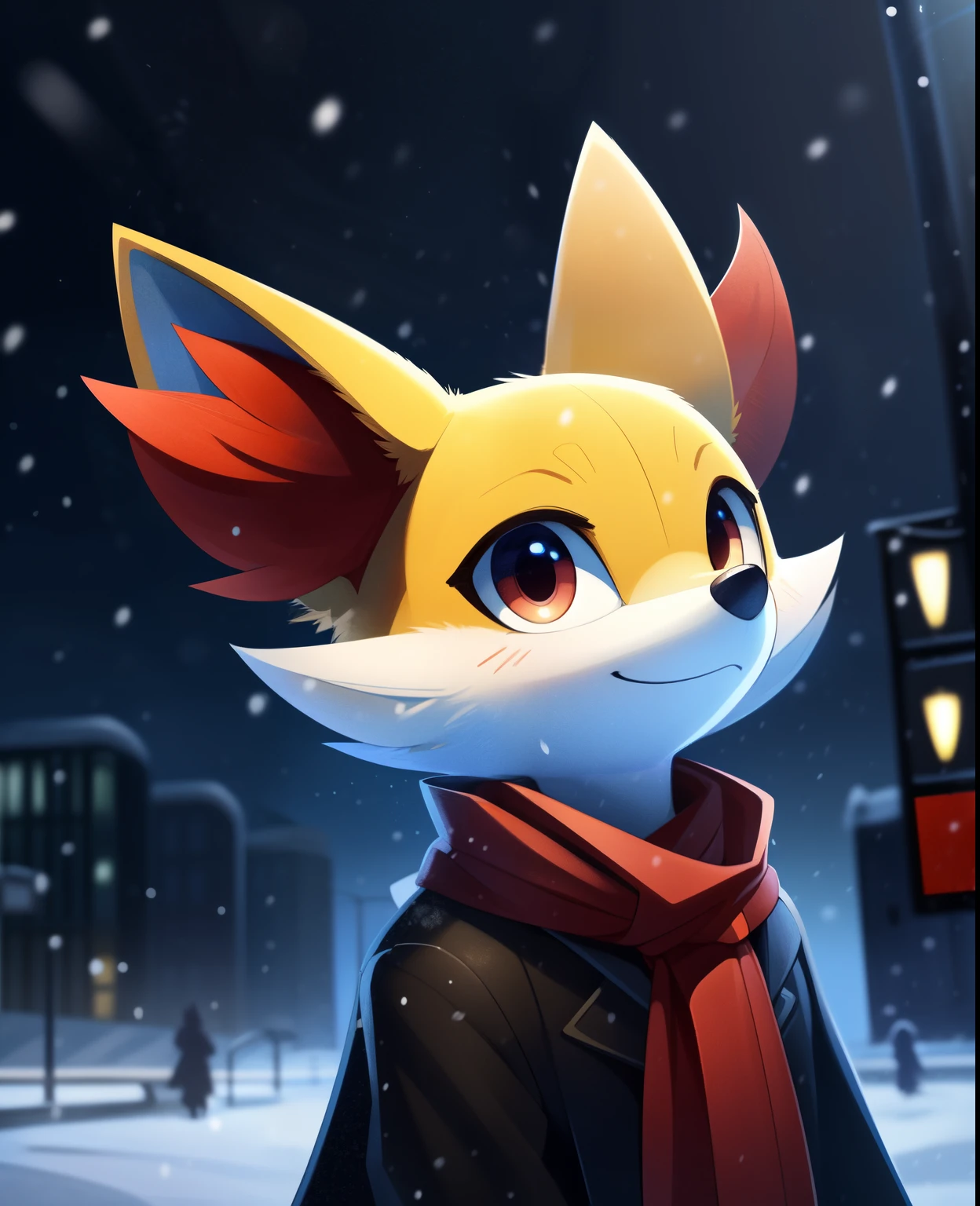 (by Wamudraws, by B-Epon, by Exed Eyes:1.25), anthro (fennekin:1.25), red scarf, detective cloak, standing, smile, waving at viewer (three-quarter portrait:1.3), three-quarter view, close-up, BREAK, london train station, night, glowing, plant, snowing, detailed detailed background, depth of field, ambient silhouette, backlighting, masterpiece, best quality, light, 4k, 2k, (high detail:1.25), shaded, photography, solo