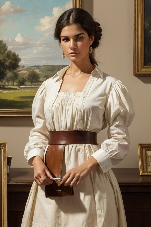 woman in blanco delantal holding a paintbrush and painting, blanco delantal, wearing an delantal, blanco waist delantal and undershirt, delantal, painted with oil, Professional oil painting, Detalle perfecto, detailed blanco, gran retrato, leather delantal, con dos bolsillos delanteros, classic portrait, artista vistiendo un mono, Sharp details, inspirado en William Merritt Chase, blanco