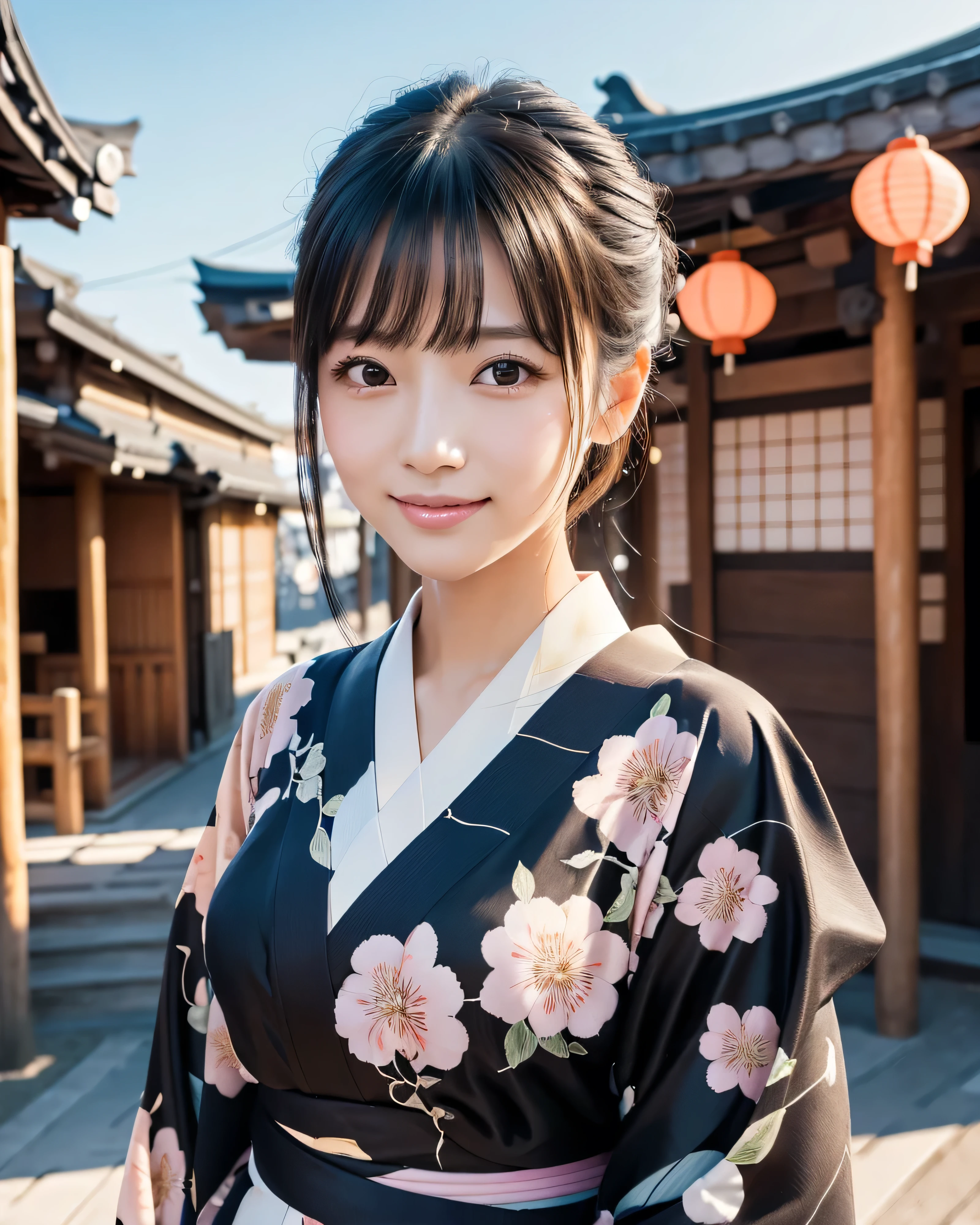 (highest quality, 32k, High resolution, Masterpiece:1.5), marimo_jet, Transparent air, Beautiful Japanese Girl, one person, Very beautiful face, Shiny black hair, ponytail, Asymmetrical bangs, Magical big eyes, A loving look, Double eyelids, Clear, smooth, white skin, Pale pink detailed lips, White and perfect teeth, Natural Makeup, Motherhood and generosity, (fleeting smile:0.7), (Black kimono:1.0), ((traditional Japanese Yukata)), Dazzling summer sunshine, Japanese cityscape, detailed blue sky, Professional Lighting, Professional photographer, Professional models, mysterious