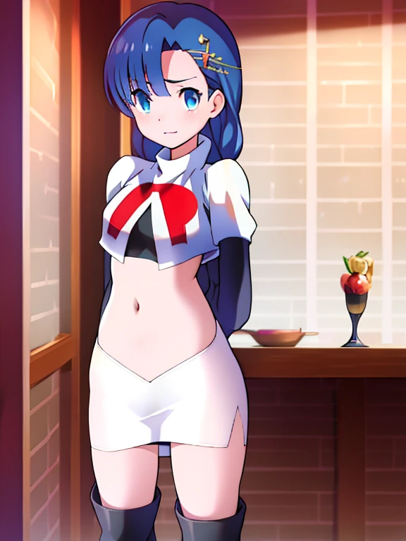 masterpiece, highest quality, M Shizuka V4, One girl, alone, hair ornaments, belly button, Medium chest, Are standing, Hair Clip, Team Rocket, Team Rocket uniform, Red letter R, White Skirt, White crop top, Black thigh-high boots, Black elbow gloves,