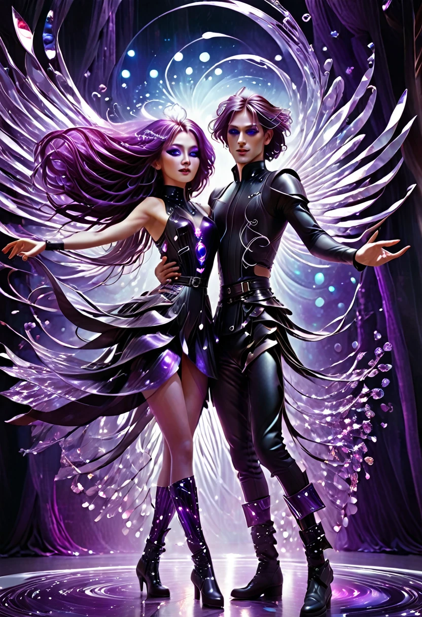 A (((couple in a gliding dance pose))) where the man and woman are surrounded by (((shimmering luminous purple crystals))), intertwined with hypnotic swirling crystal lights. The woman has long, flowing purple hair and big, purple eyes, while the guy is slender and dressed in a sleek leather black and white outfit with thigh-high boots and a metallic top and shorts. His outfit incorporates straps and belts for a futuristic cyberpunk fantasy style. Radiant purple plusing light energy completes the vivid scene