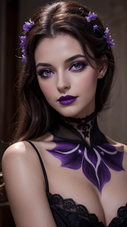 Jeune femme de 25 ans, visage fin, cheveux long, yeux marrons, HD, 8K, masterpiece, sourire romantique, sexy, mascara noir, maquillage noir, black lips, tenue gothique, vêtements noirs et violets, toile d'araignée en dentelle, cheveux noirs et violets, dans un manoir, bodypainting, purple paint, dracula, orage, moon light