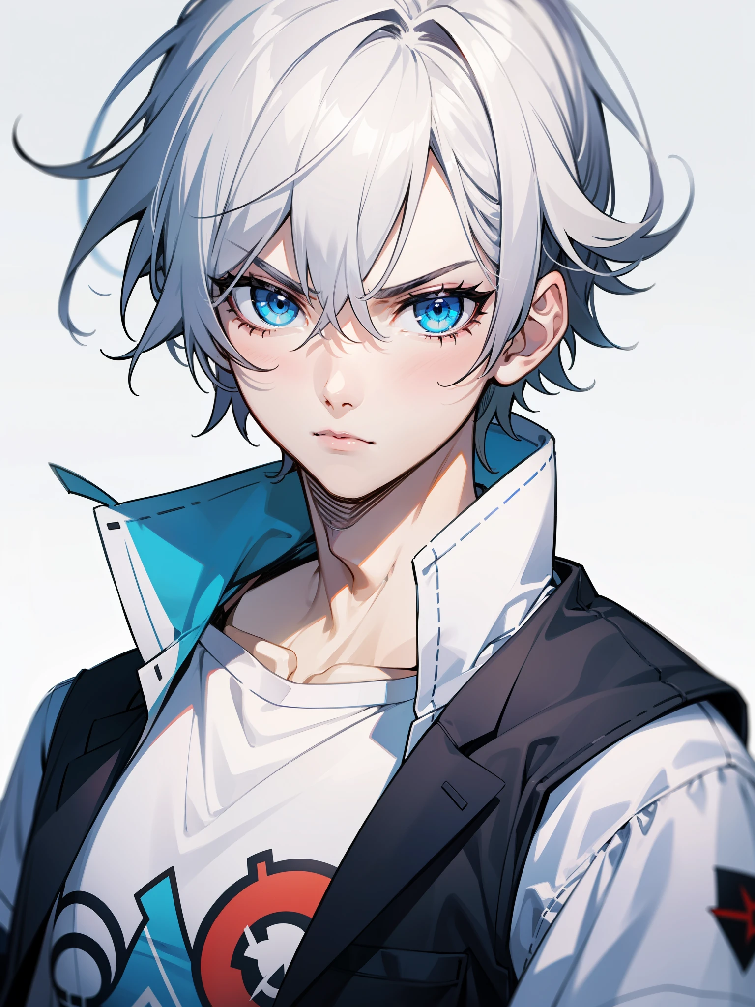 Boy, silver hair, blue eyes, serious sharp features, white skin, handsome, t-shirt, jacket