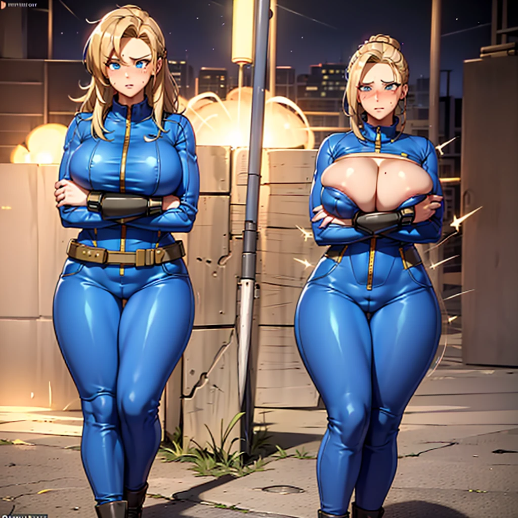 Vault-girl, vault 111 jumpsuit, 1girl, bursting breasts, breast expansion, large breasts, crossed arms, vibrant blue eyes, blushing, long blonde hair, hips expansion, ass expansion, weight gain, shes stress eating, hes worried about how large her breasts are getting and how sensitive they are, strained jumpsuit,