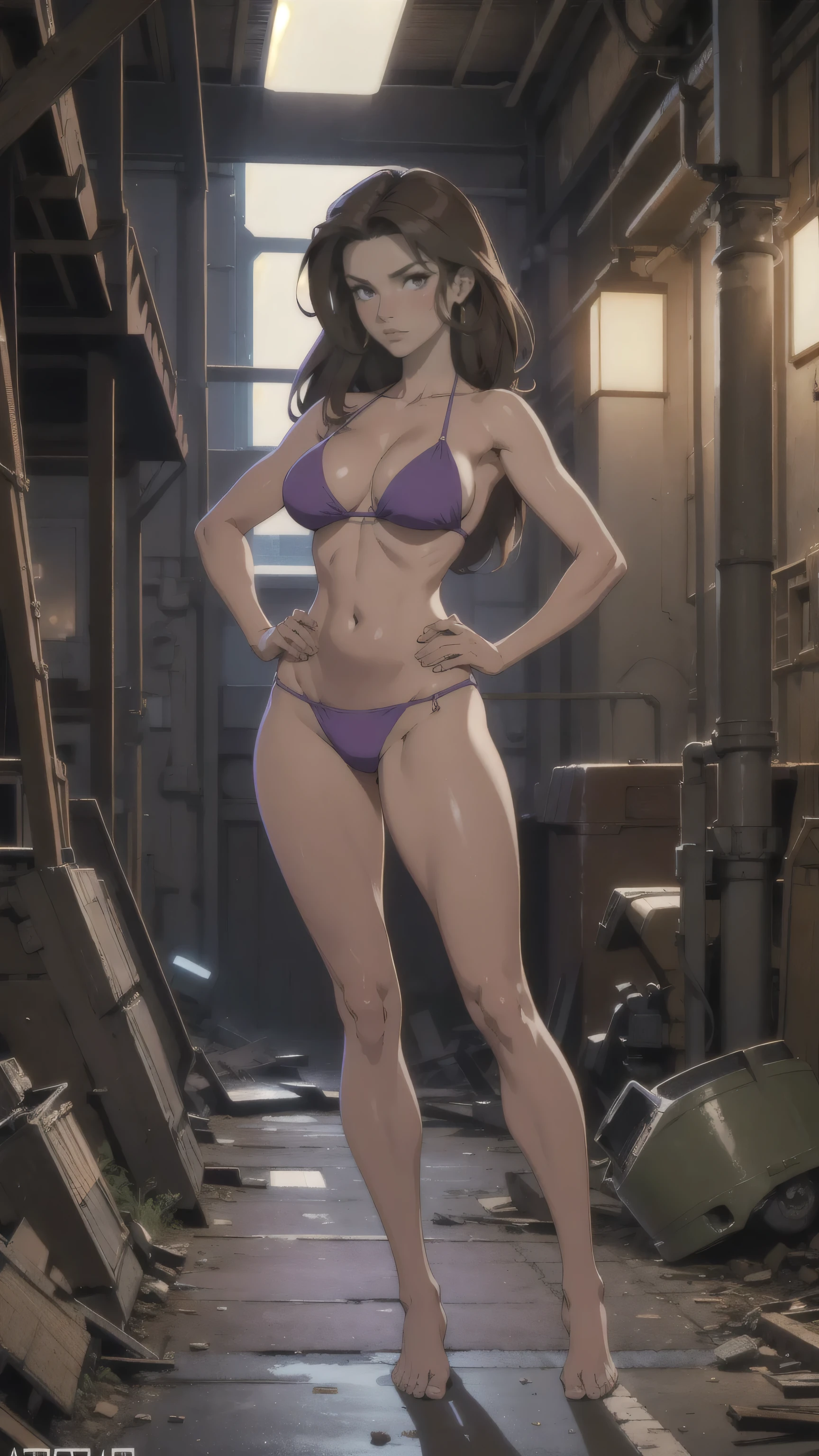 Masterpiece, best quality, Masterpiece, best quality, 1 woman, brown hair , sly face , purple bikini , big breasts , abdomen , Long legs , Put your hands on your hips.. , Barefoot , full body , abandoned factory , at night