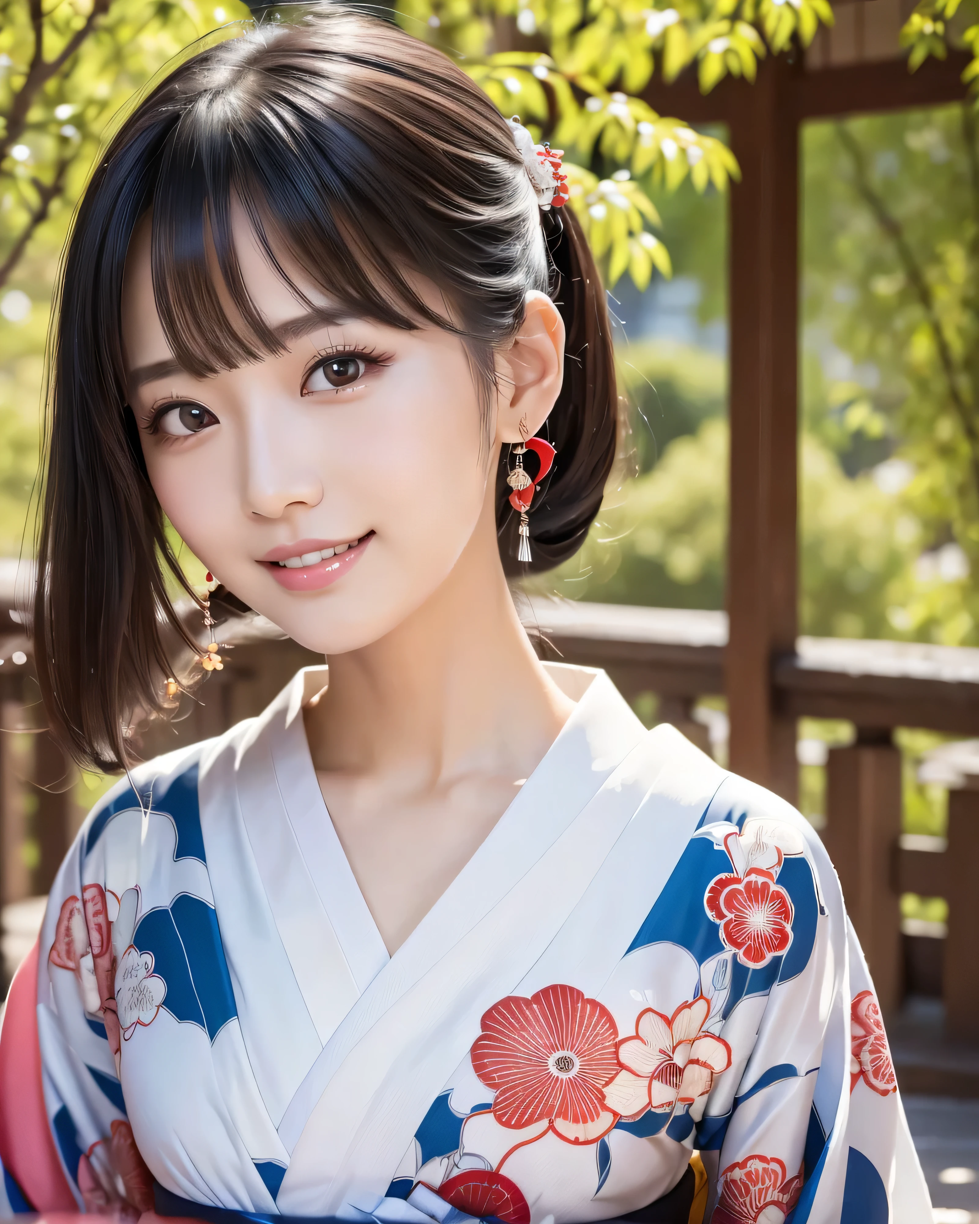 (highest quality, 32k, High resolution, Masterpiece:1.5), marimo_jet, Transparent air, Beautiful Japanese Girl, one person, Very beautiful face, Shiny black hair, ponytail, Asymmetrical bangs, Magical big eyes, A loving look, Double eyelids, Clear, smooth, white skin, Pale pink detailed lips, White and perfect teeth, Natural Makeup, Motherhood and generosity, (fleeting smile:0.7), (Red kimono:1.0), ((traditional Japanese Yukata)), Dazzling summer sunshine, Japanese cityscape, detailed blue sky, Professional Lighting, Professional photographer, Professional models, mysterious