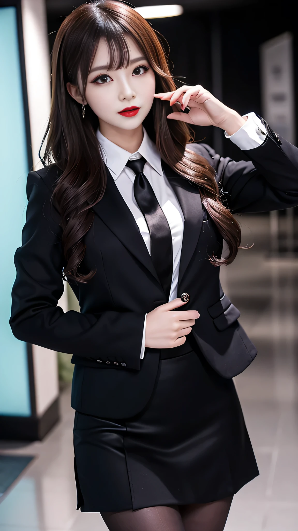 best quality、ultra-detailed、4k、Japanese、Seductive beauty、seductive adult woman、Pretty Woman、cool girl、Villainess、Brainwashed、brainwash、Fallen into evil、smirk、Evil look、Wicked Smile、evil、Brown hair、wavy hair、swept bangs、dark makeup、dark makeup、piercing eyes、hollow eyes,half-closed eyes、Hollow Eyes、purple Eyeshadow、black lipstick、black lipglos、office staff suit、suit、Jacket、White Shirt、Black Ribbon、Tight Skirt、pantyhose、night、inside darkroom、Are standing、shoot from below、Have lipstick、Emblem of Evil、Crest of Darkness、Swear allegiance、I have pledged my allegiance、Dye black、Blackening、Stained with evil、Dyed in darkness、Seduce