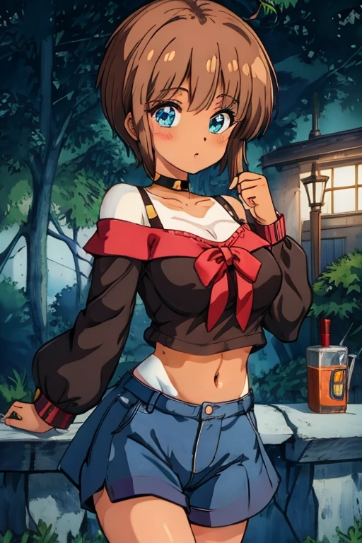 masterpiece, best quality, (1girl:0.999), (breasts:0.998), (shorts:0.994), (polka dot:0.992), (covered nipples:0.964), (halftone background:0.947), (dark-skinned female:0.946), (long hair:0.942), (polka dot background:0.942), (denim shorts:0.938), (tanlines:0.925), (solo:0.924), (underboob:0.917), (denim:0.908), (tank top:0.876), (short shorts:0.814), (cutoffs:0.794), (armpits:0.752), (large breasts:0.734), (thick thighs:0.705), (halftone:0.7), (ahoge:0.604), (thighs:0.555), (smile:0.553)