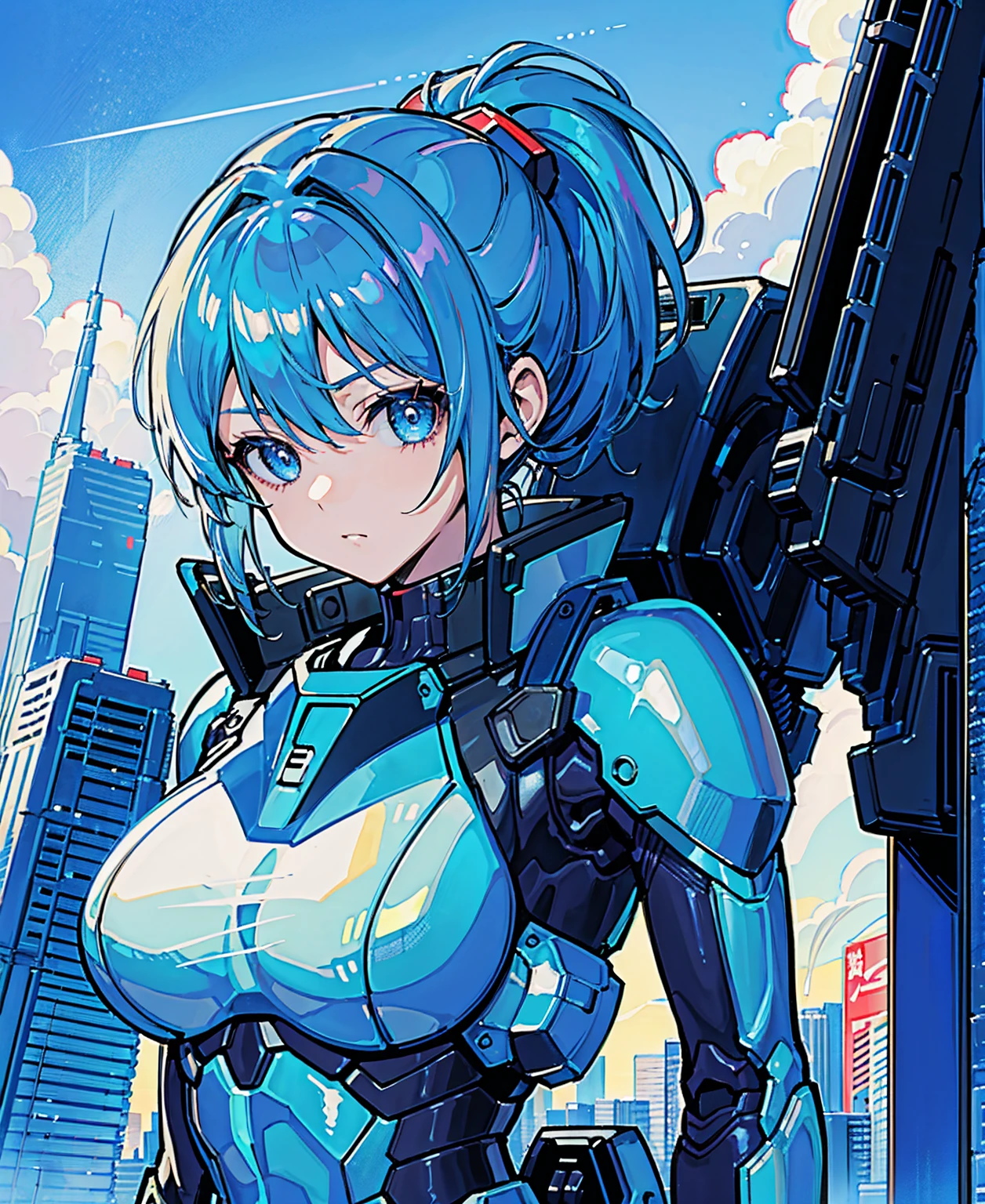 Blue Hair、Masterpiece、Best Quality、1 girl、Medium breast、((Album cover))、Light on Face、Slim Body、Blue Costume、Exoskeleton、metal Gear、Cyberpunk Style、ponytail、The Gundam pilot、attention arousal,Ride a fighter
