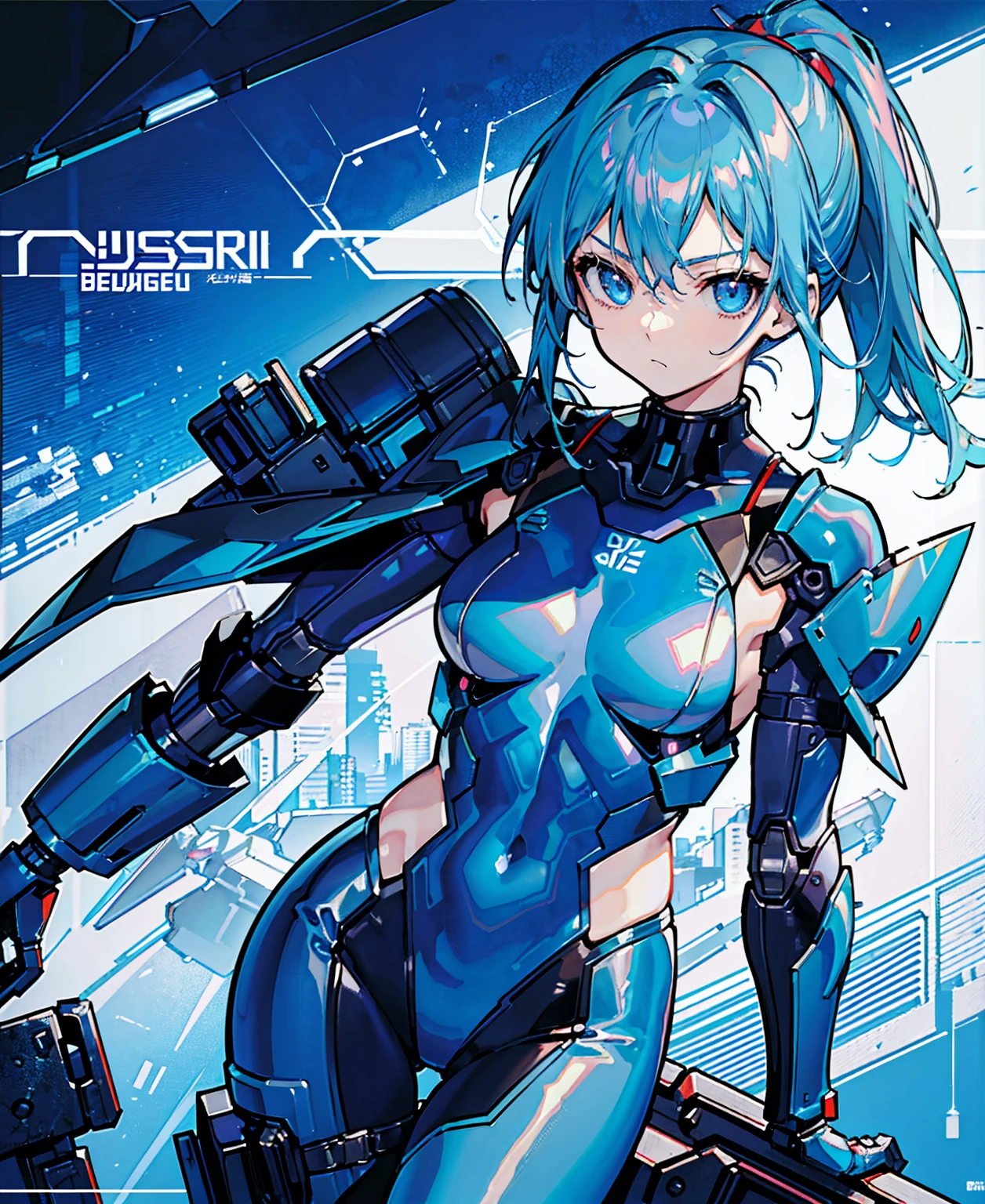 Blue Hair、Masterpiece、Best Quality、1 girl、Medium breast、((Album cover))、Light on Face、Slim Body、Blue Costume、Exoskeleton、metal Gear、Cyberpunk Style、ponytail、The Gundam pilot、attention arousal,Ride a fighter