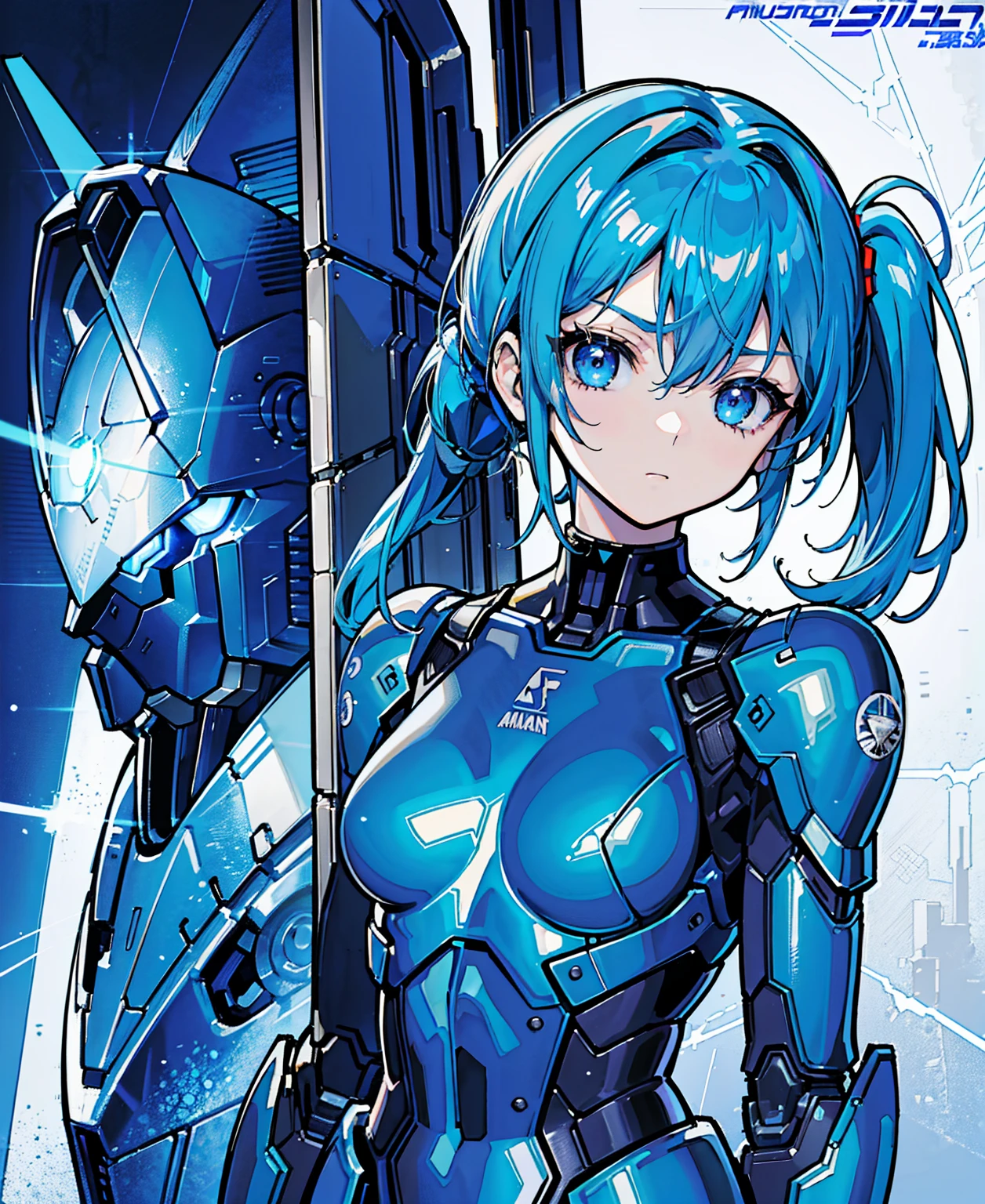 Blue Hair、Masterpiece、Best Quality、1 girl、Medium breast、((Album cover))、Light on Face、Slim Body、Blue Costume、Exoskeleton、metal Gear、Cyberpunk Style、ponytail、The Gundam pilot、attention arousal，Ride a fighter