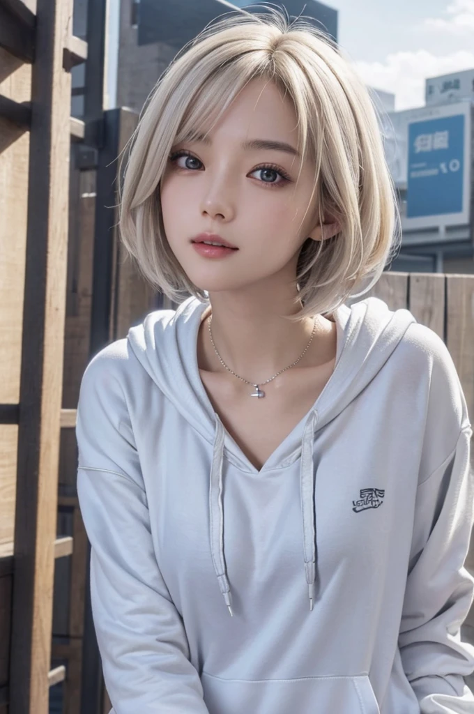 (Surreal) , (Like the picture:1.4),(Increase the resolution), (8k), (Very detailed), (Beautiful and fine details), (highest quality), (Ultra-detailed), (masterpiece), (wallpaper), (Detailed face), solo,1 girl, perfect beautiful japanese woman:1.4、19 years old、Looking at the audience, Subtle details, Detailed face, Cloudy, Deep Shadow, A gentle smile,Short hair white color,My hair is messy,Looking up,(Lightweight hoodie :1.2),Background is night,Camera angle high angle,Various poses,necklace,Attractive face, Medium chest, Dynamic pose,