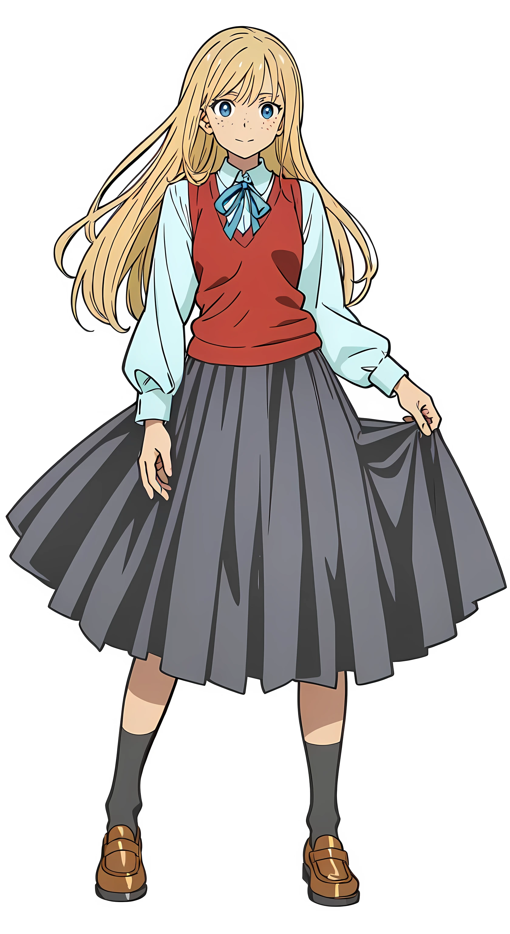 (best quality:1.0), (masterpiece:1.0), (super fine illustration:1.0), (beautiful artwork:1.0), (anime screencap:1.0), (official art:1.0), (european:1.0), (cheerful:1.0), (white background:1.0), (best quality:1.0), (masterpiece:1.0), (super fine illustration:1.0), (beautiful artwork:1.0), (anime screencap:1.0), (official art:1.0), (solo:1.0), (european:1.0), (a 18yo cute girl:1.0), (long skirt:1.0), (black skirt:1.0), (pleated skirt:1.0), (red knit vest:1.0), (white long sleeve collared shirt:1.0), (blue neck ribbon:1.0), (loafers:1.0), (black socks:1.0), (ideal ratio body proportions:1.0), (lanky:1.0), (tall:1.0), (slender:1.0), (small breasts:1.0), (smaller face:1.0), (tareme:1.0), (freckles:1.0), (detailed beautiful eyes:1.0), (detailed beautiful face:1.0), (glowing blue eyes:1.0), (long hair:1.0), (swept bangs:1.0), (blonde hair:1.0), (standing:1.0), (looking at viewer:1.0)