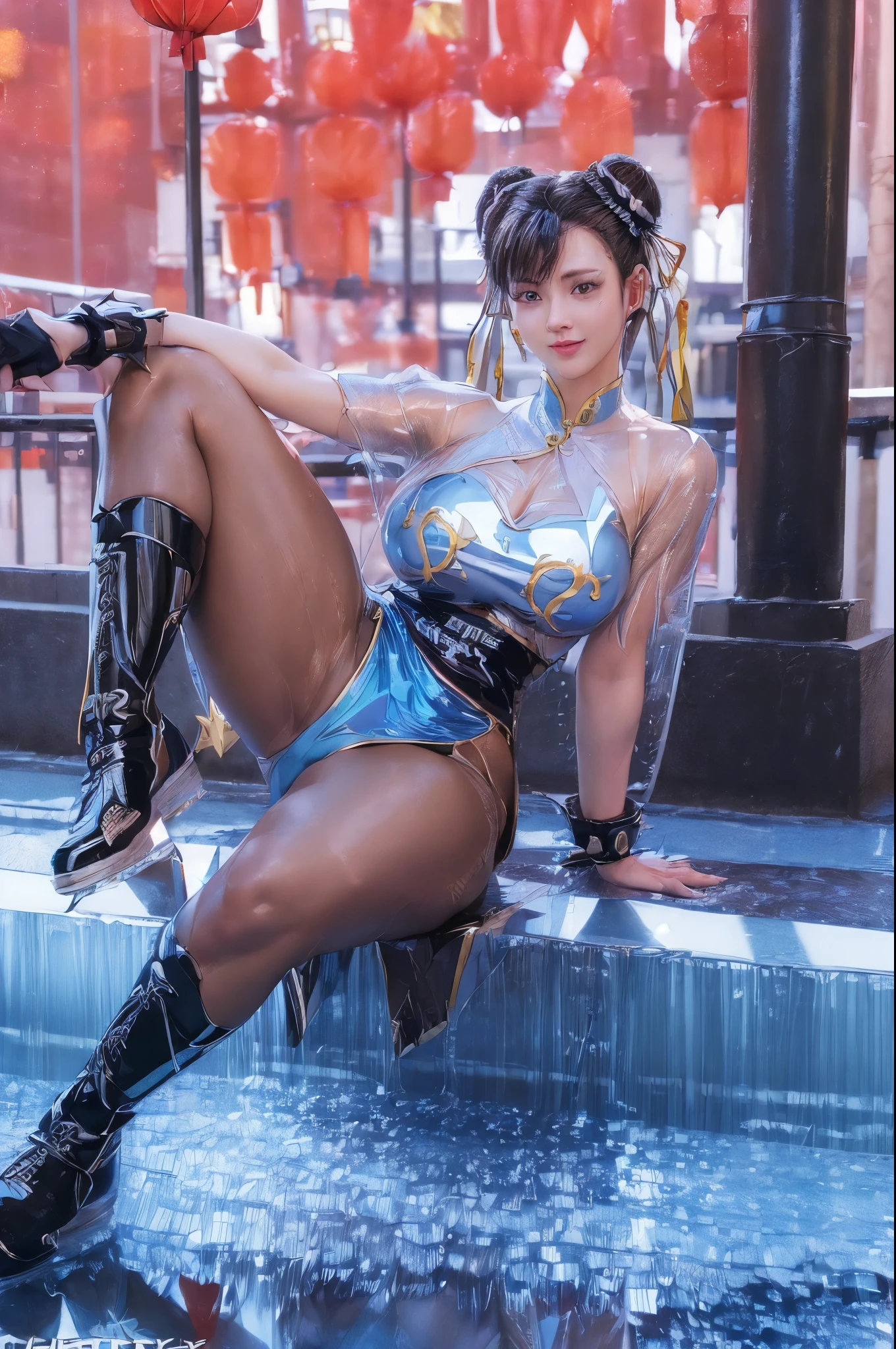 (((Cool beauties、shinny skin:1.5))), (masutepiece), (Best Quality), 8K resolution, Ultra-detailed, ultra-detailliert, Realistic, photograph, Photorealism, ((1woman)), chun li, Chun-Li costume, Perfect body, Smile, ((Chinatown, Doing a split))