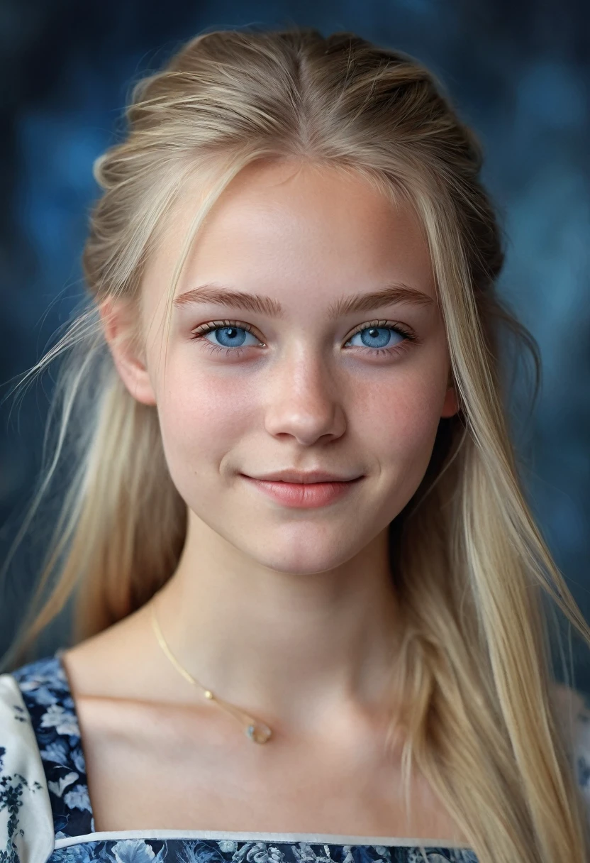 Portrait of a Norwegian beautiful teenager, small breasts, intricate dress, soft smile, natural lips, long blonde hair with shaved sides , blue-grey eyes, realism, digital painting, concept art, smooth, sharp focus, rule of thirds, Style-Psycho