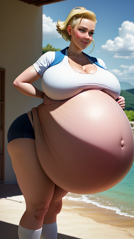 best quality, highres, and18, 1girl, android 18, solo girl, 1girl, blonde hair, blue eyes, sport sneakers, red and white volleyball uniform, pearl necklace, white lycra micro skirt, short hair, white lycra sport top, earrings, wrist sweat bands, medium breasts, cowboy shot, sea shore, straight-on, (weather: and windy), wet body, wet clothes, cute smile, relaxed stance, thigh high socks, volleyball court, striped bikini, ((Very chubby woman)), cleavage, pregnant woman, sexy, blushing, fat, obese, bloated belly, big sagging breast, saggy breast, thick thighs, wide hips, big round ass, afternoon, fisheye lens, establishing shot, pastel color grading, front view, depth of field cinematography effect, film noir genre, 8k resolution, high quality, ultra detail , curvy body, plump body, huge big ass, thick body, curvy body type, voluptuous body type, busty body type, thick body type, big chest, big, Big belly femele Fat I'm rubbing my stomach Belch Overeating, sexy full body, beer belly, big sagging breast, saggy breast, thick thighs, wide hips, big round ass , curvy body, plump body, huge big ass, thick body, curvy body type, voluptuous body type, busty body type, thick body type, big chest, big Huge pregnant belly 9 months,