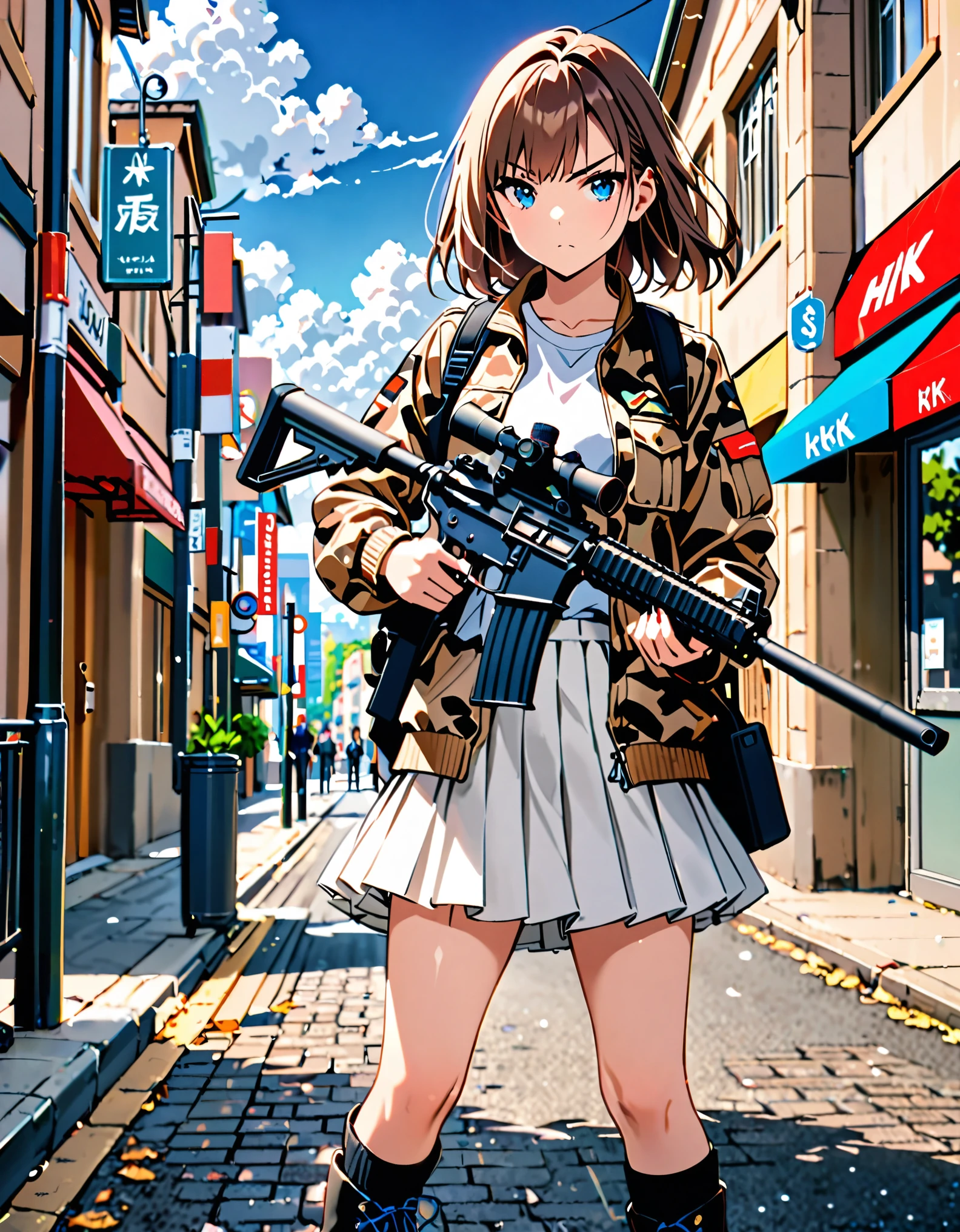 masterpiece, best quality, highres, solo, solo focus, 1girl, standing, medium brown hair, blue eyes, bangs, brown camouflage jacket, closed jacket, serious, high school girl, white pleated skirt, medium skirt, black combat boots, using rifle, aiming, h&k hk416 carbine, scope, suppressor, cowboy shot, sunny, blue sky, cloudy sky, city street