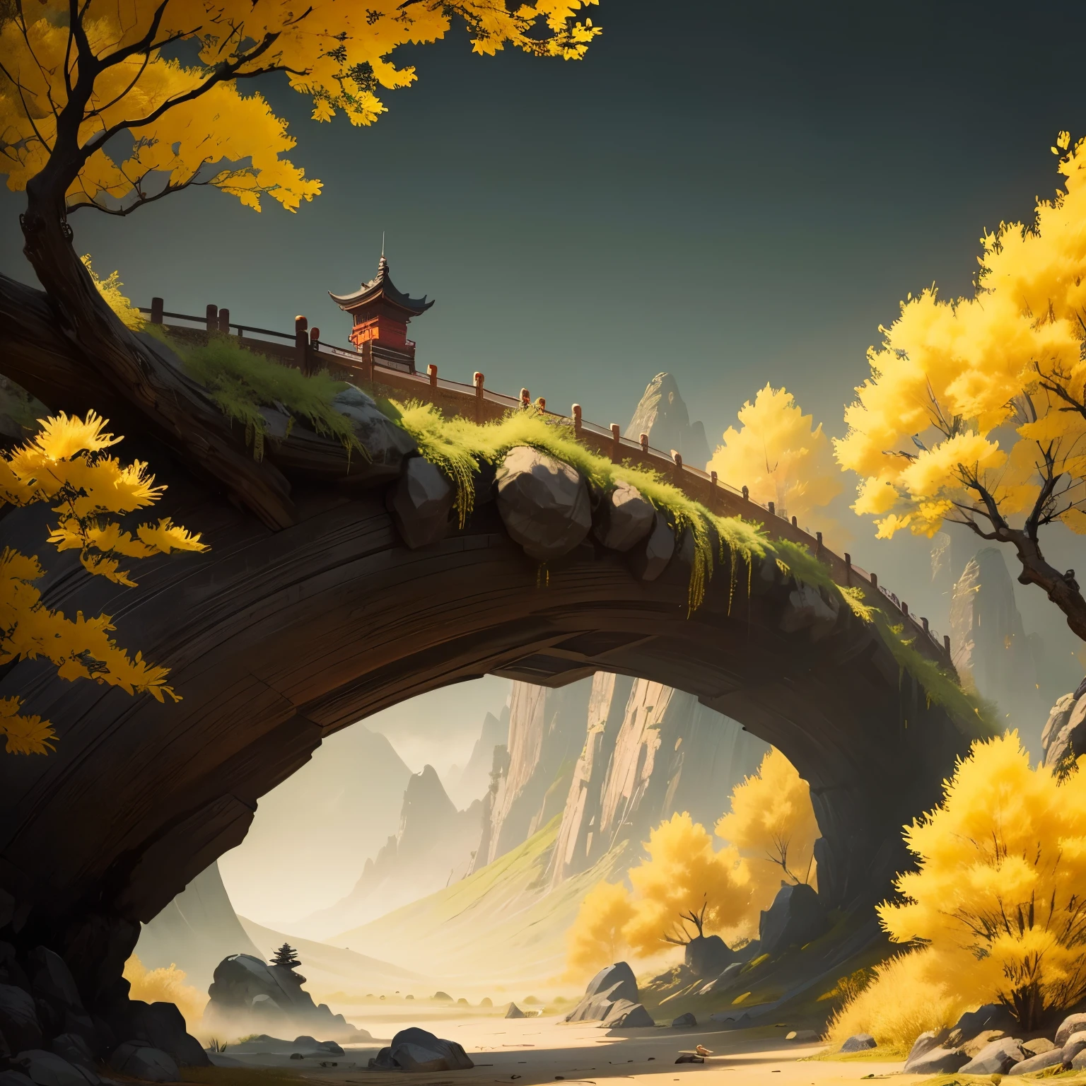 Chinese ink style, pure background, close-up shot, ancient China, only black and yellow color, a big tree, swordsman, konfu, Jiang Hu, natural scenery, solo,Minimalist design, loneliness, landscape painting, vision, Laughing Proud Warrior